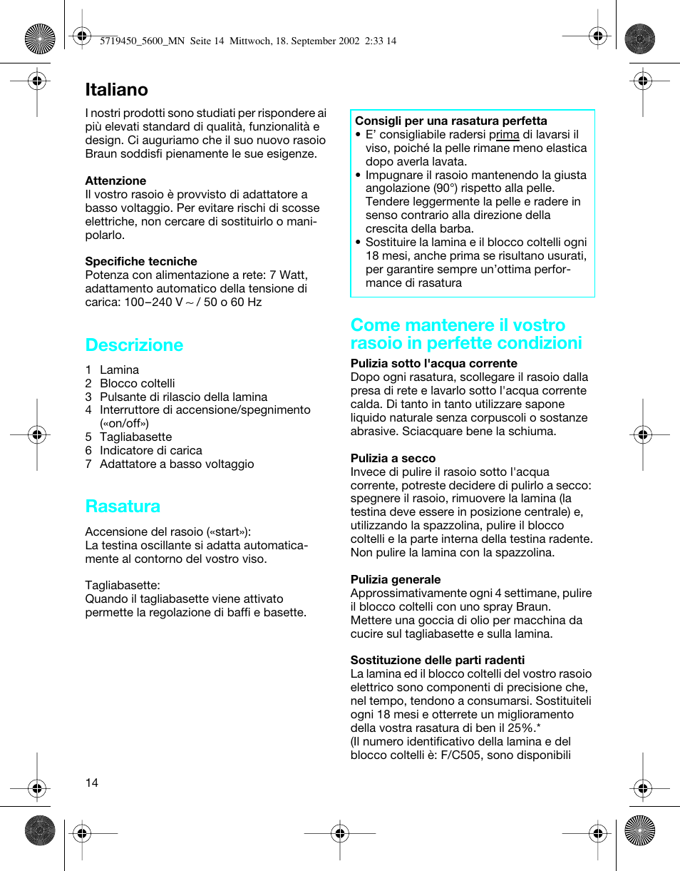 Italiano, Descrizione, Rasatura | Braun 5600 Flex XP User Manual | Page 14 / 32