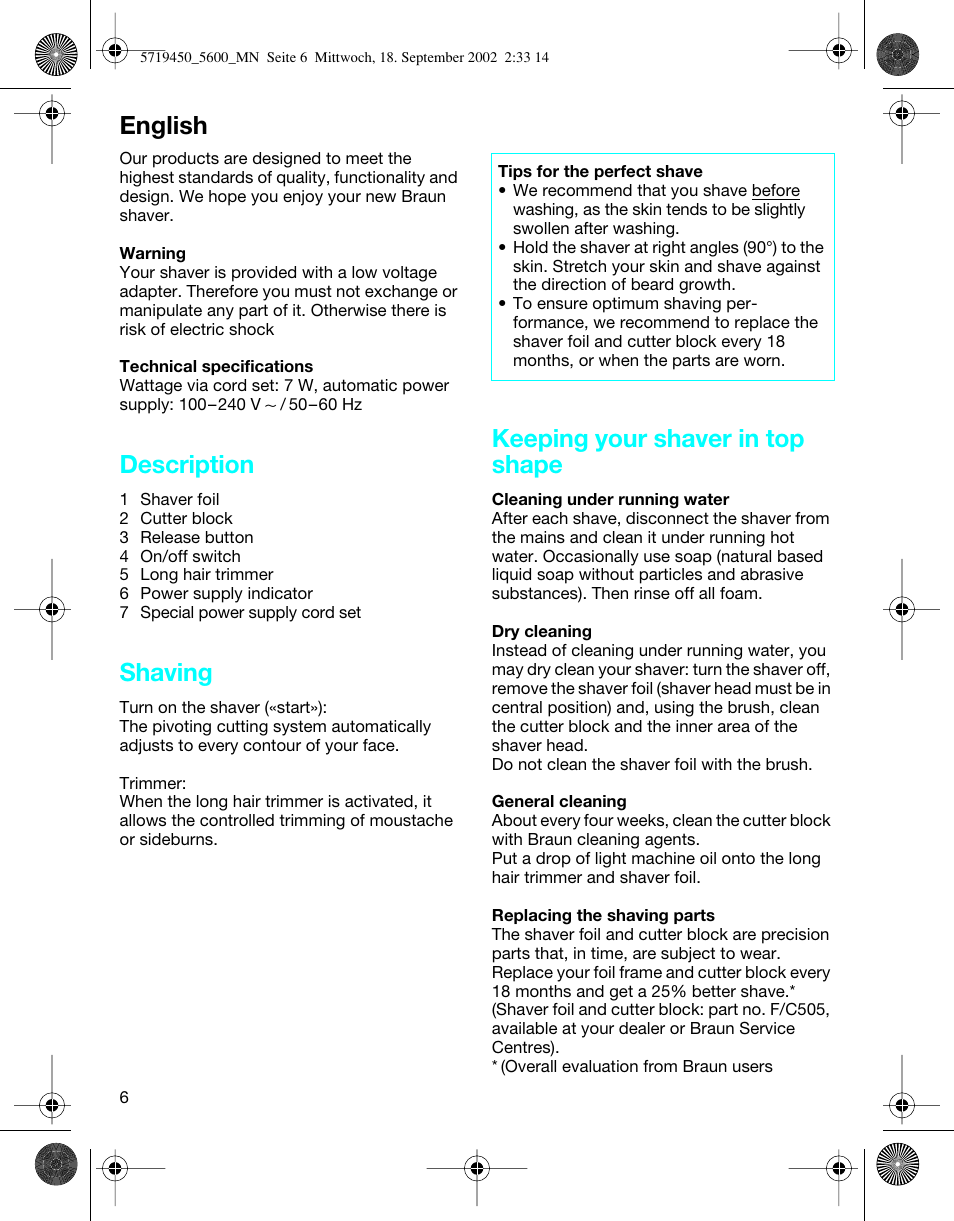 English, Description, Shaving | Keeping your shaver in top shape | Braun 5600 Flex XP User Manual | Page 6 / 32