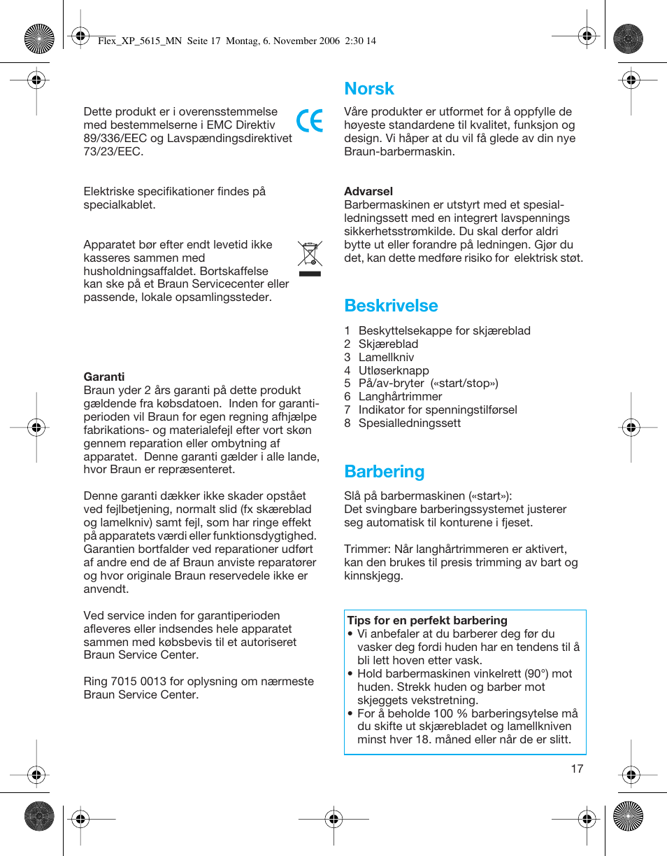 Beskrivelse, Barbering, Norsk | Braun 5615 Flex XP User Manual | Page 17 / 26