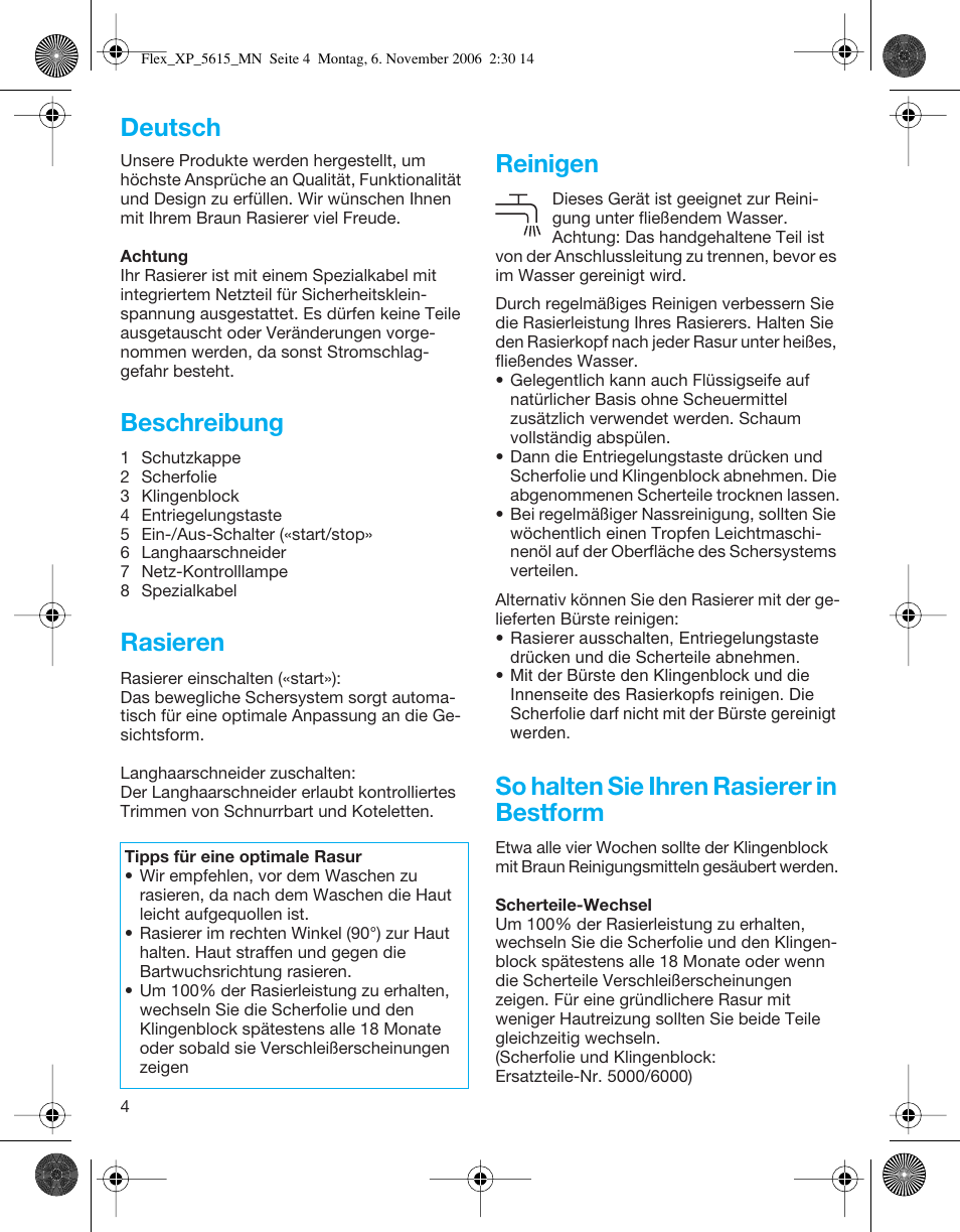 Beschreibung, Rasieren, Reinigen | So halten sie ihren rasierer in bestform, Deutsch | Braun 5615 Flex XP User Manual | Page 4 / 26