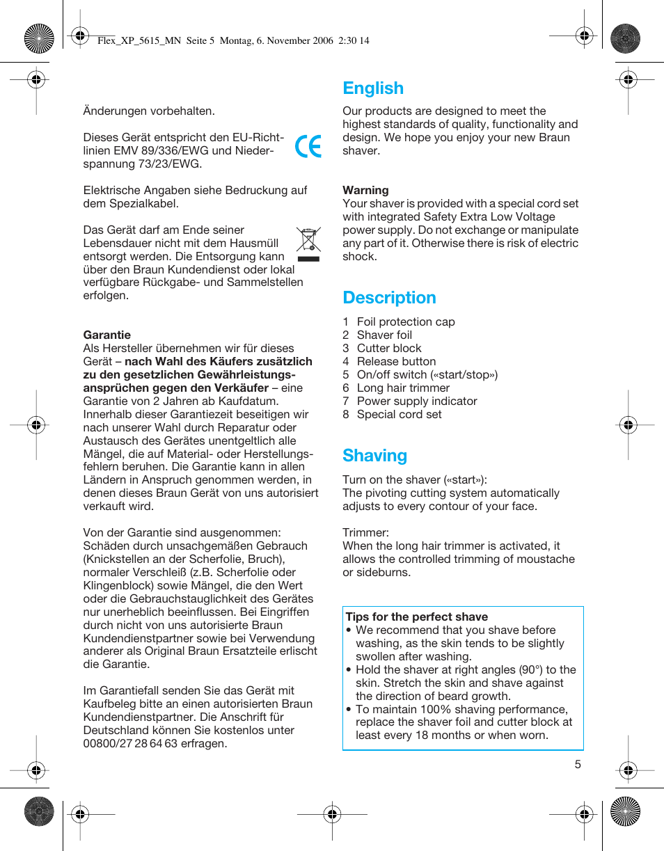 Description, Shaving, English | Braun 5615 Flex XP User Manual | Page 5 / 26