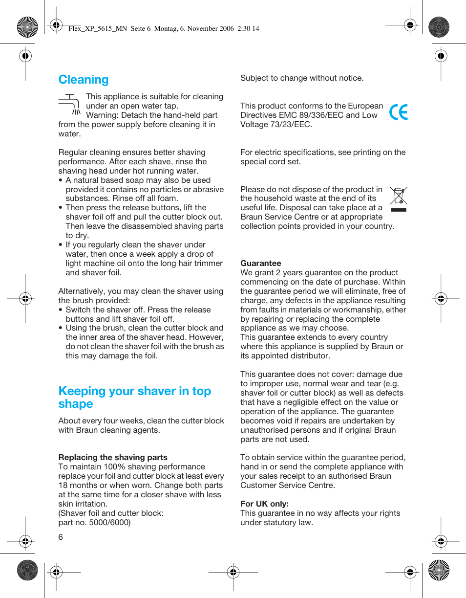 Cleaning, Keeping your shaver in top shape | Braun 5615 Flex XP User Manual | Page 6 / 26