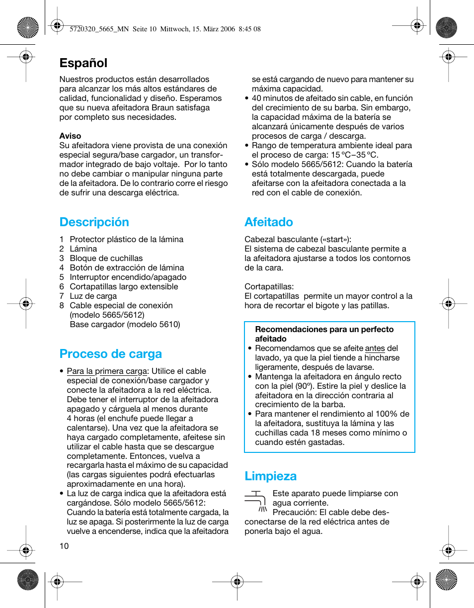 Descripción, Proceso de carga, Afeitado | Limpieza, Español | Braun 5612 Flex XP User Manual | Page 10 / 33