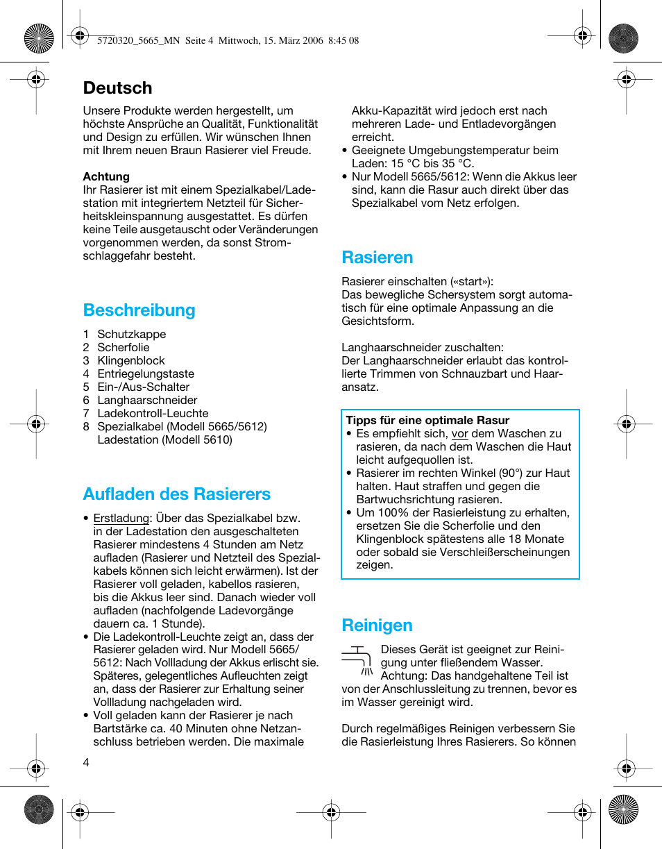 Beschreibung, Aufladen des rasierers, Rasieren | Reinigen, Deutsch | Braun 5612 Flex XP User Manual | Page 4 / 33