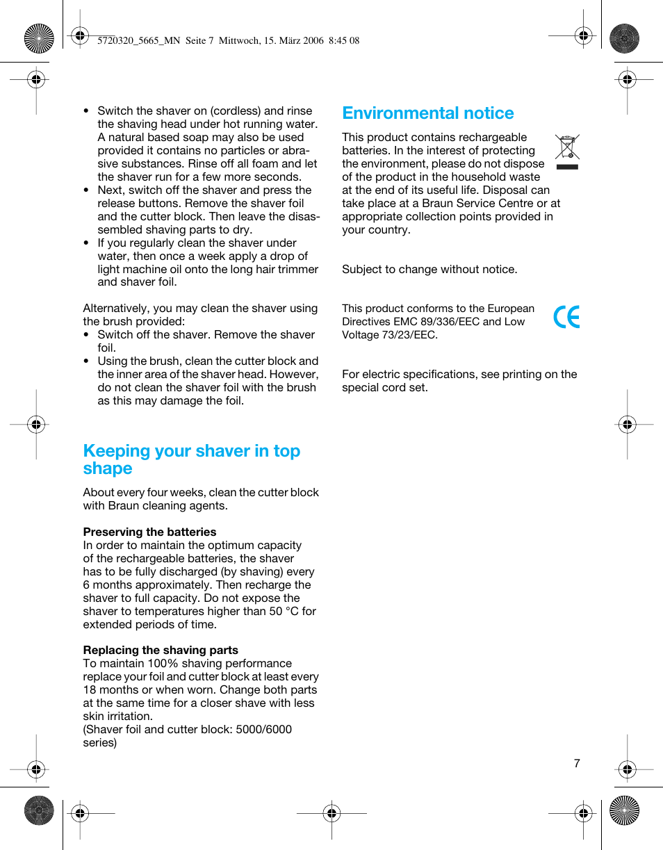 Keeping your shaver in top shape, Environmental notice | Braun 5612 Flex XP User Manual | Page 7 / 33