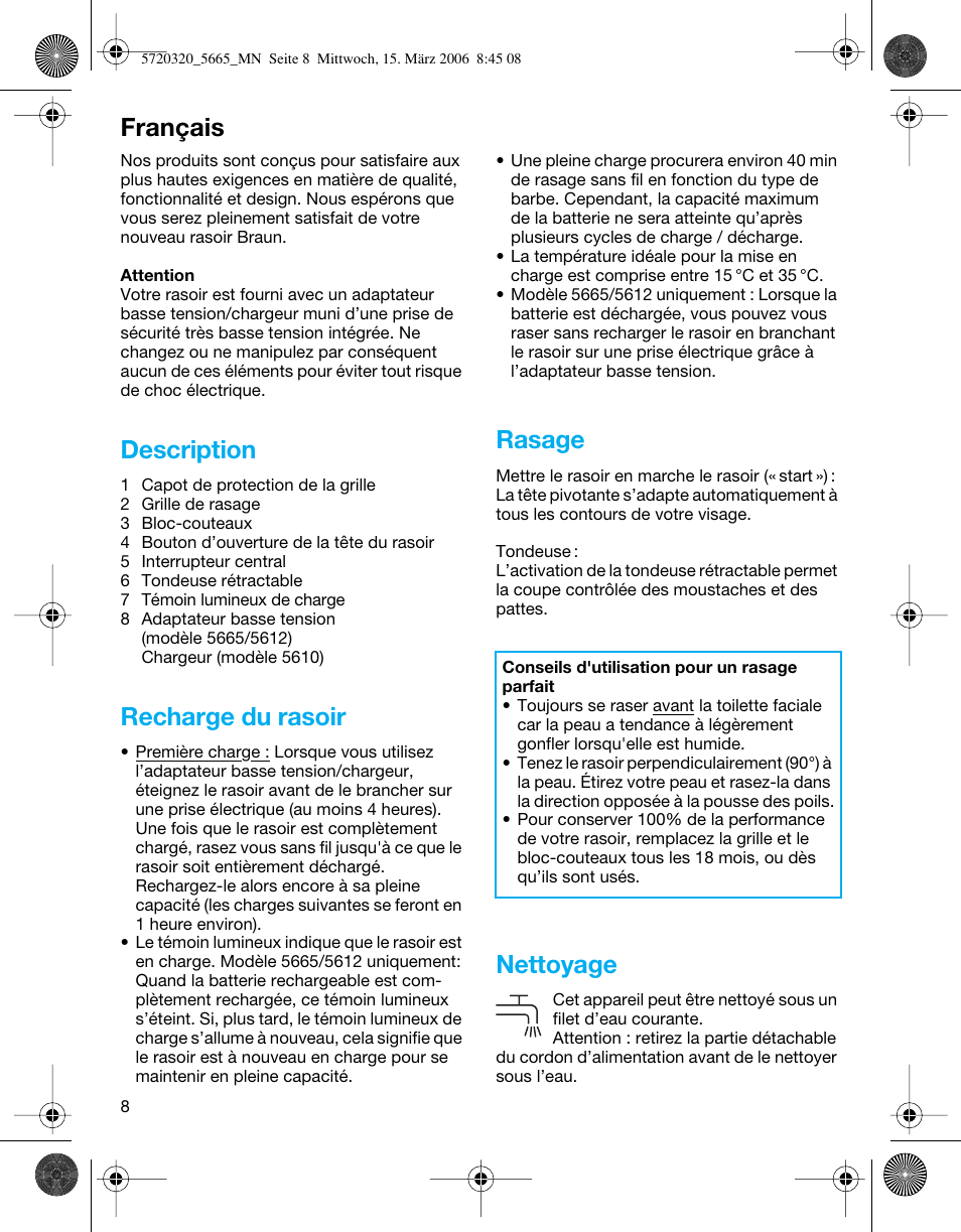 Description, Recharge du rasoir, Rasage | Nettoyage, Français | Braun 5612 Flex XP User Manual | Page 8 / 33