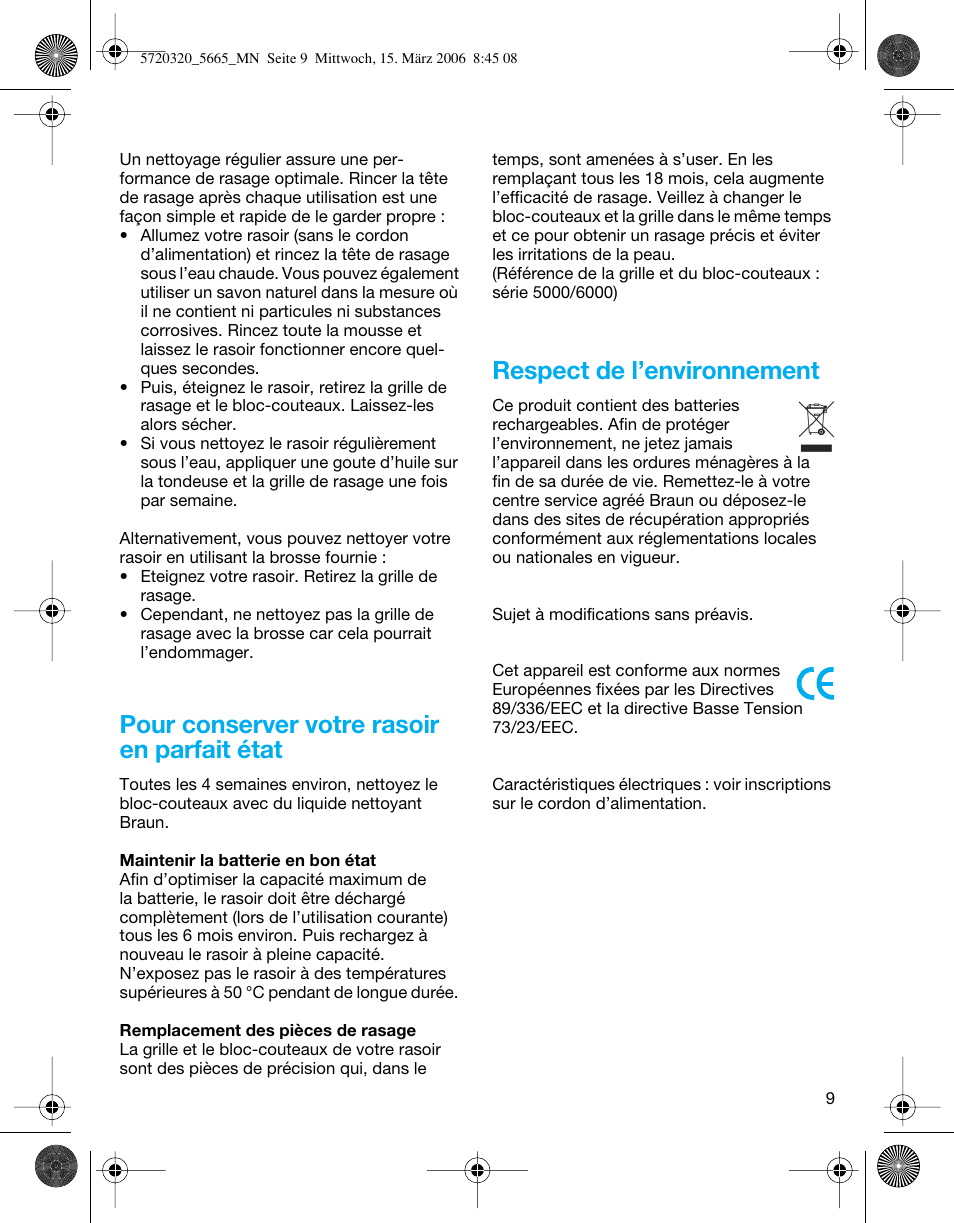 Pour conserver votre rasoir en parfait état, Respect de l’environnement | Braun 5612 Flex XP User Manual | Page 9 / 33