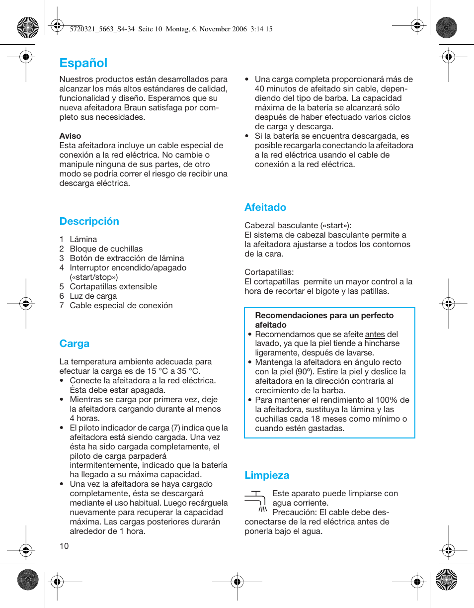 Español, Descripción, Carga | Afeitado, Limpieza | Braun 5663 Flex XP User Manual | Page 10 / 33