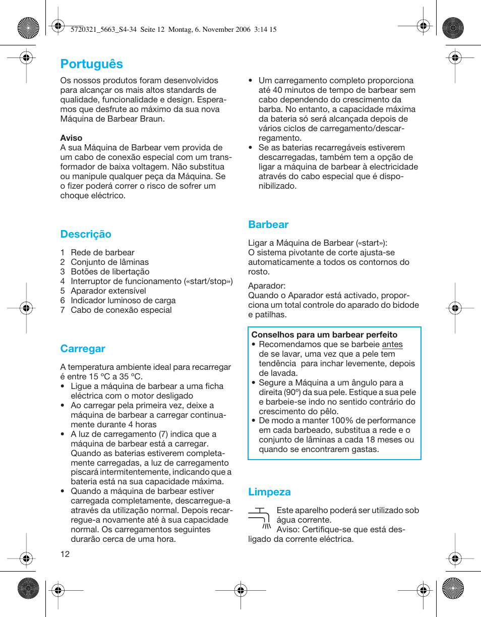 Português, Descrição, Carregar | Barbear, Limpeza | Braun 5663 Flex XP User Manual | Page 12 / 33