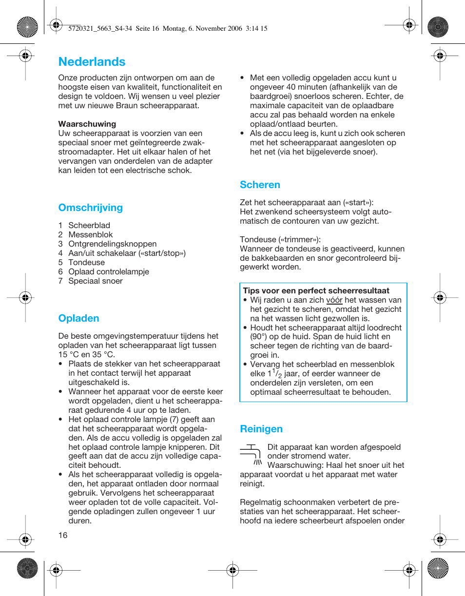 Nederlands, Omschrijving, Opladen | Scheren, Reinigen | Braun 5663 Flex XP User Manual | Page 16 / 33