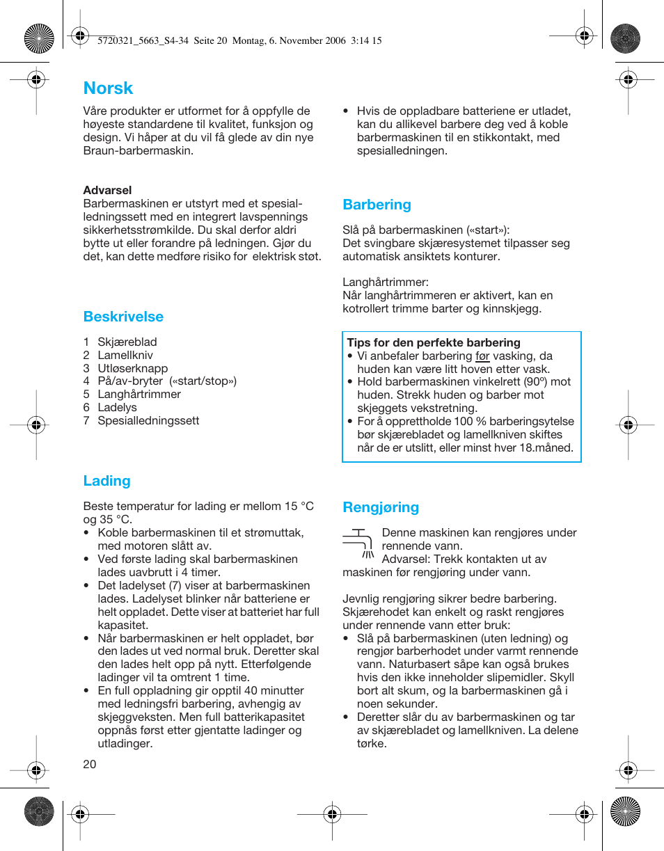 Norsk, Beskrivelse, Lading | Barbering, Rengjøring | Braun 5663 Flex XP User Manual | Page 20 / 33