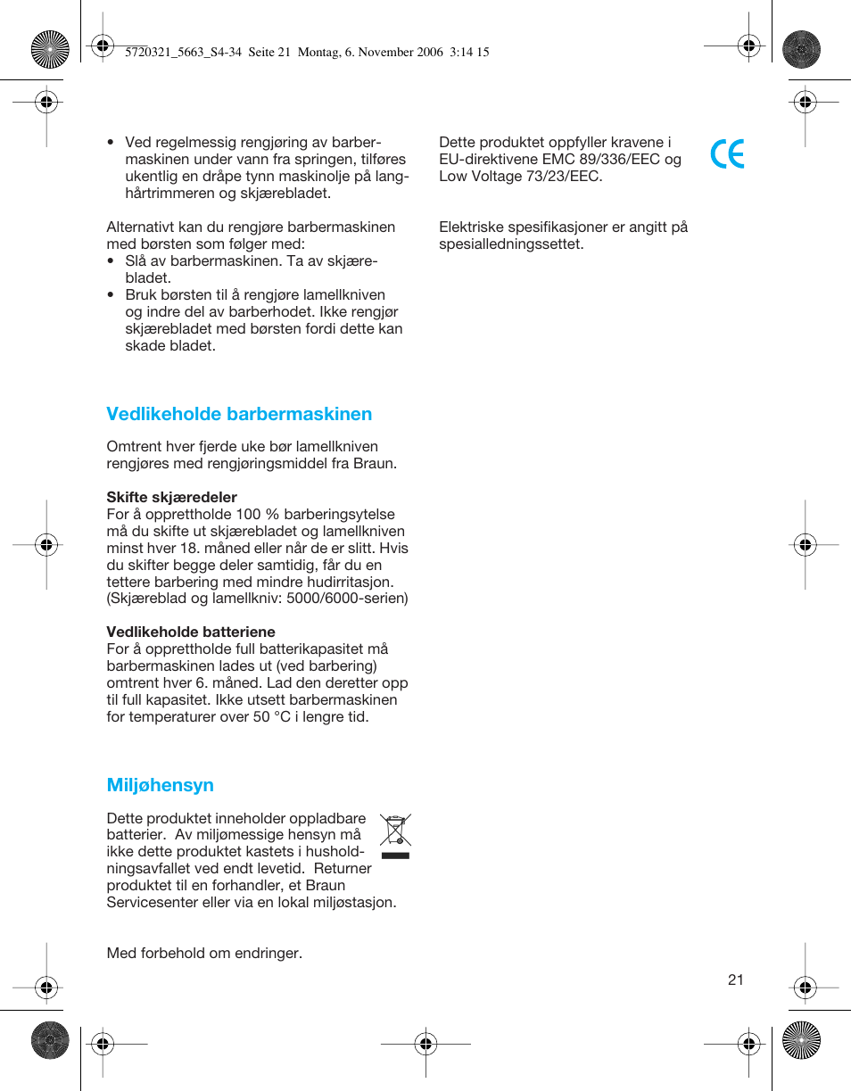 Vedlikeholde barbermaskinen, Miljøhensyn | Braun 5663 Flex XP User Manual | Page 21 / 33