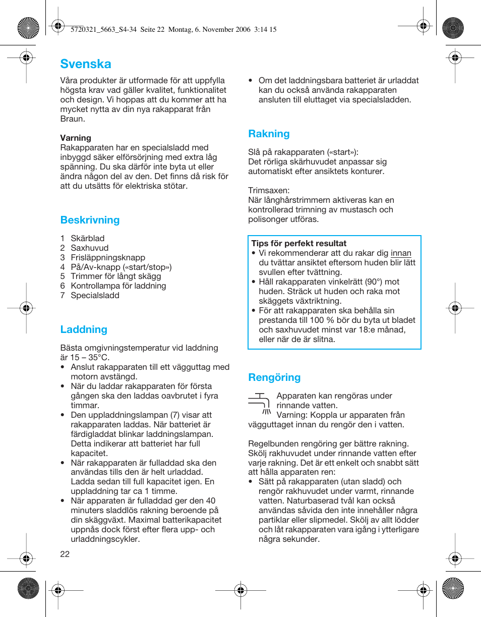 Svenska, Beskrivning, Laddning | Rakning, Rengöring | Braun 5663 Flex XP User Manual | Page 22 / 33