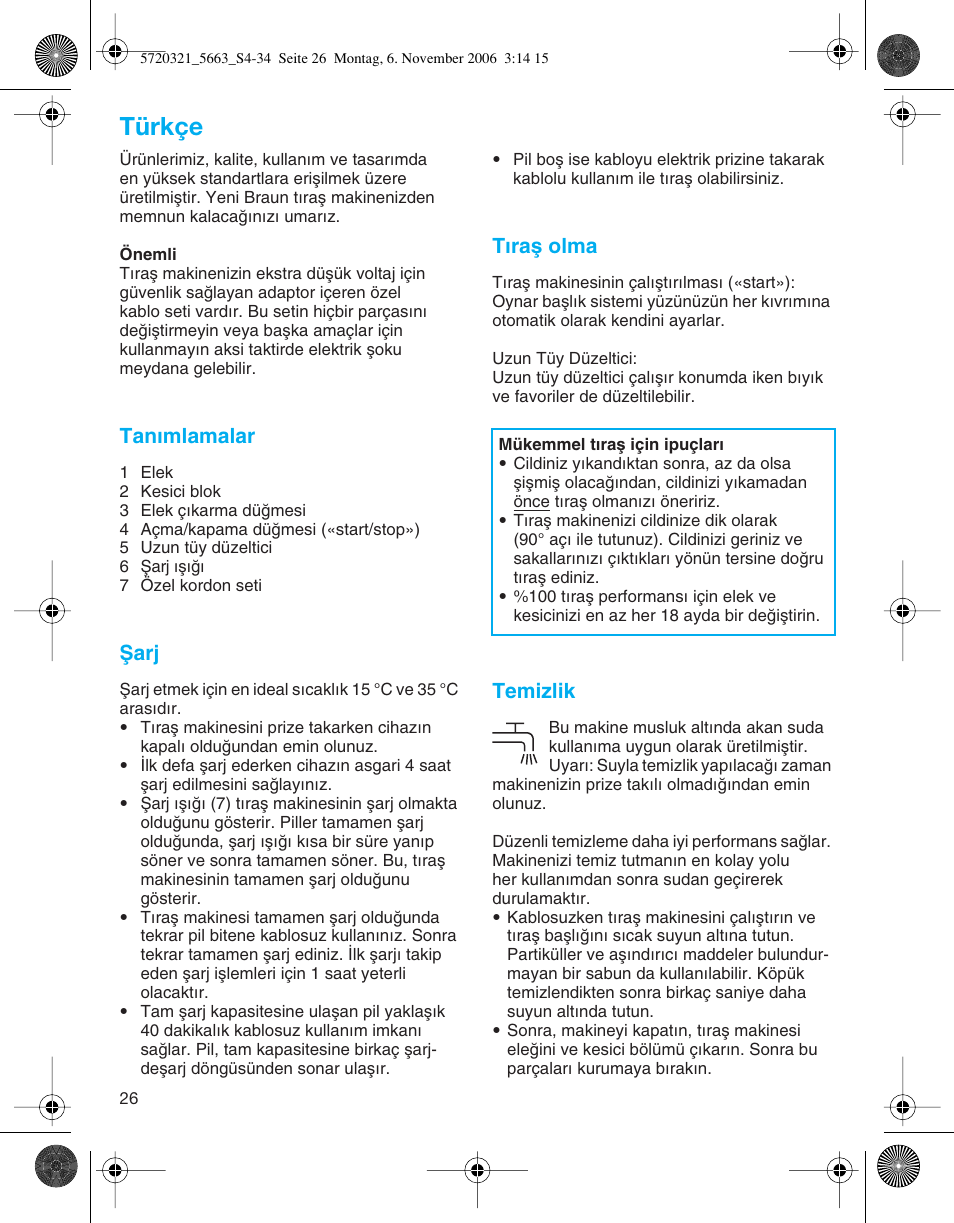 Türkçe, Tan∂mlamalar, Ωarj | T∂raµ olma, Temizlik | Braun 5663 Flex XP User Manual | Page 26 / 33