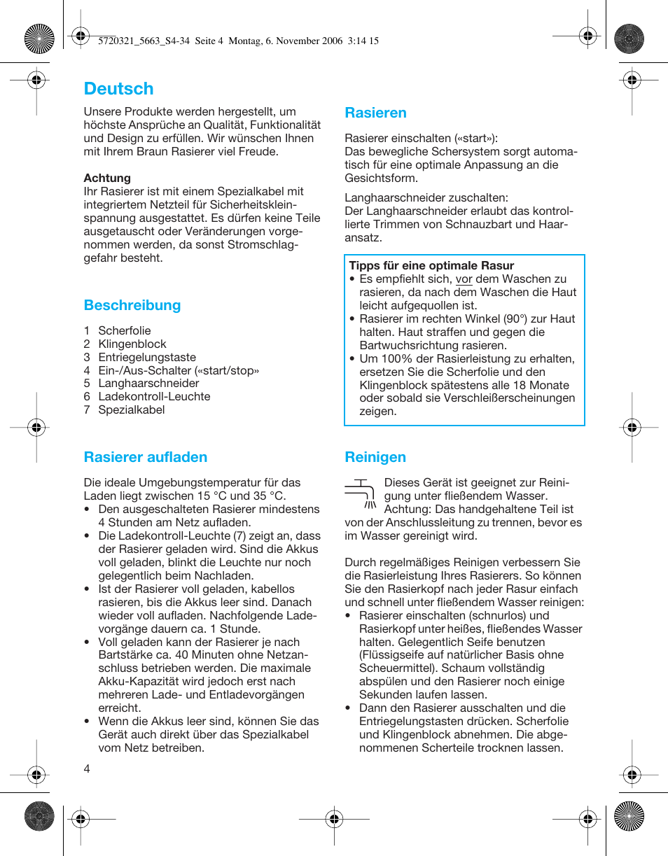 Deutsch, Beschreibung, Rasierer aufladen | Rasieren, Reinigen | Braun 5663 Flex XP User Manual | Page 4 / 33