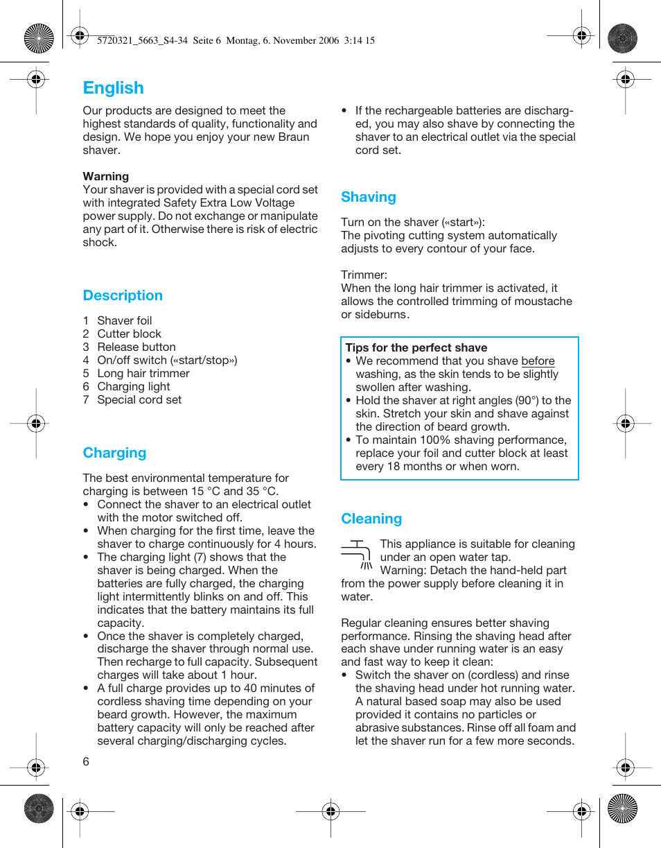 English, Description, Charging | Shaving, Cleaning | Braun 5663 Flex XP User Manual | Page 6 / 33