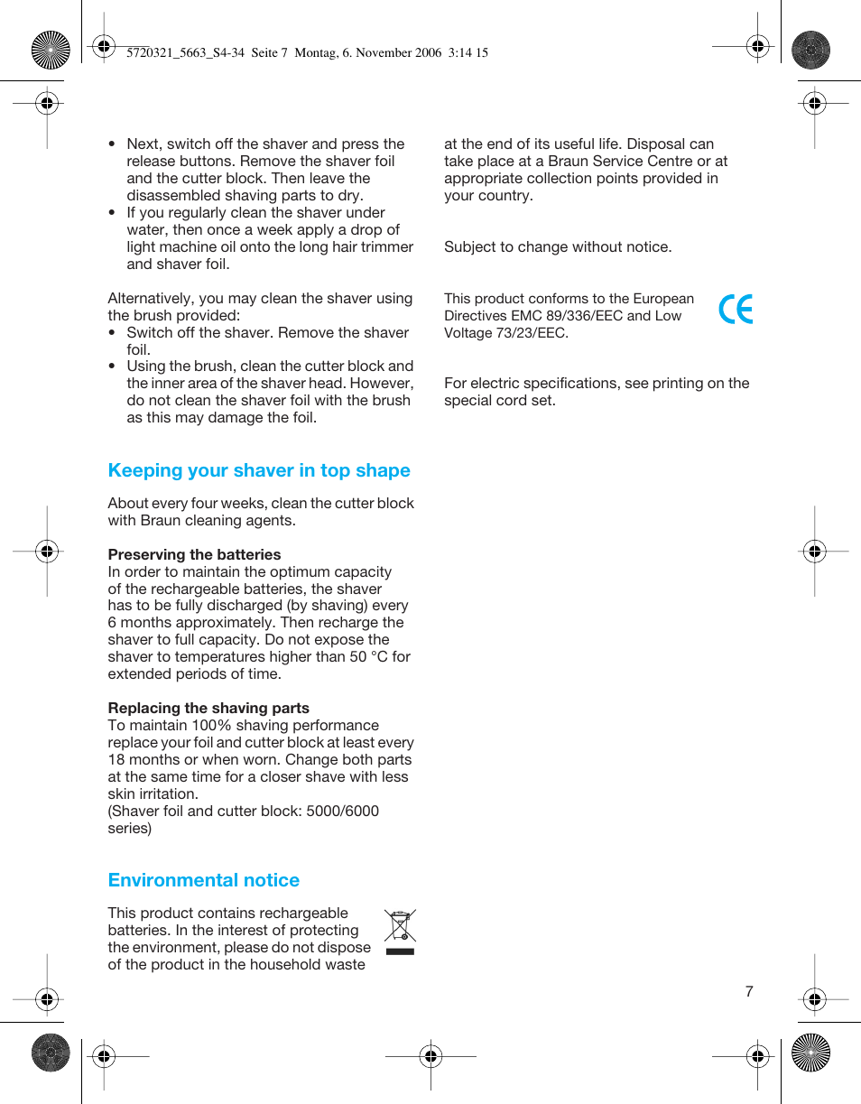 Keeping your shaver in top shape, Environmental notice | Braun 5663 Flex XP User Manual | Page 7 / 33