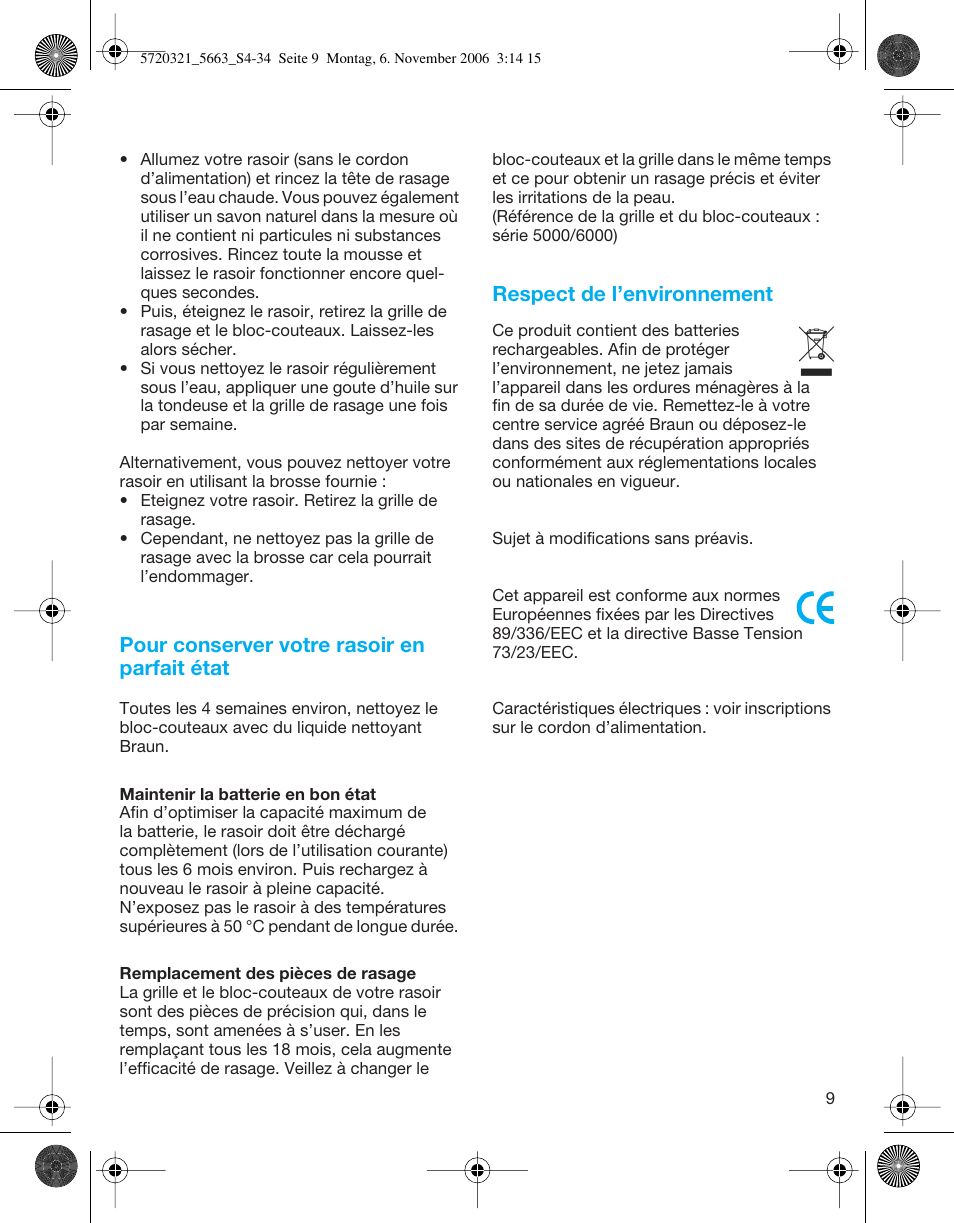 Pour conserver votre rasoir en parfait état, Respect de l’environnement | Braun 5663 Flex XP User Manual | Page 9 / 33