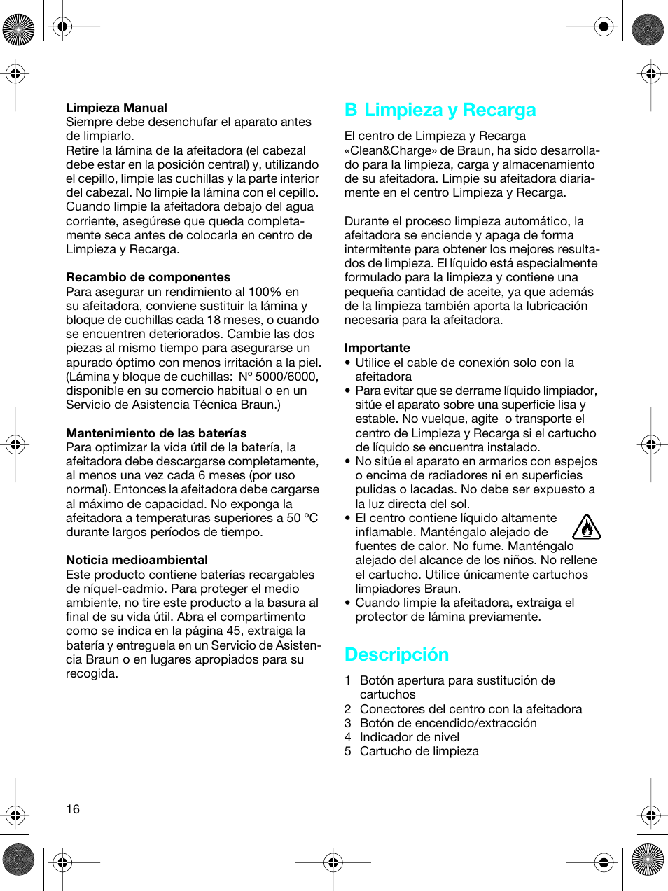 B limpieza y recarga, Descripción | Braun 5691 Flex XP II System User Manual | Page 15 / 53