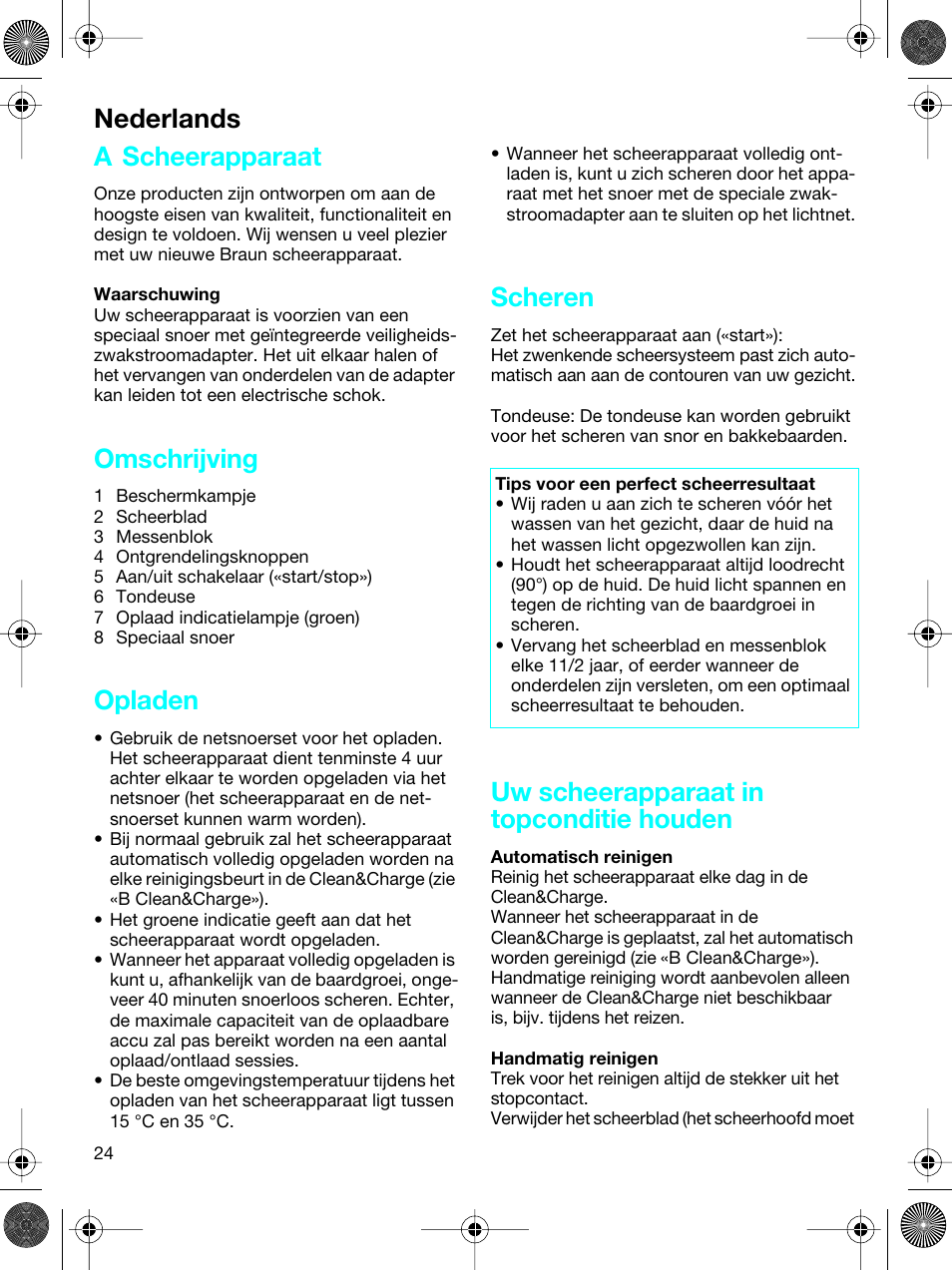 A scheerapparaat, Omschrijving, Opladen | Scheren, Uw scheerapparaat in topconditie houden, Nederlands | Braun 5691 Flex XP II System User Manual | Page 23 / 53