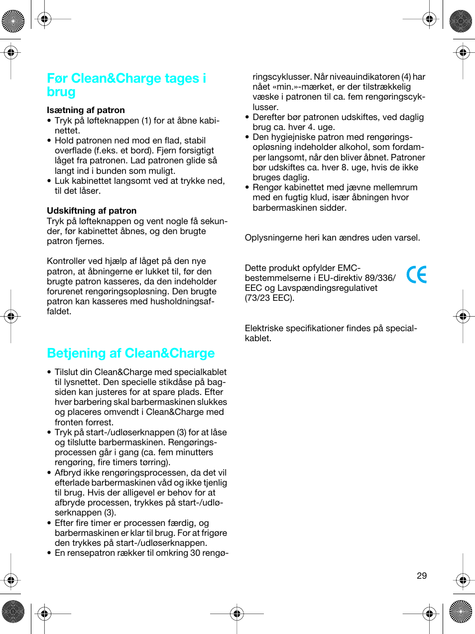 Før clean&charge tages i brug, Betjening af clean&charge | Braun 5691 Flex XP II System User Manual | Page 28 / 53