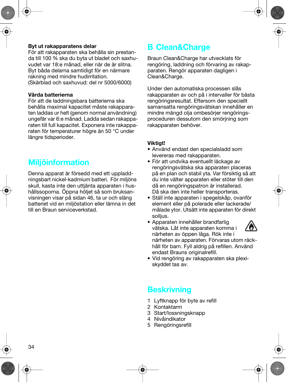 Miljöinformation, B clean&charge, Beskrivning | Braun 5691 Flex XP II System User Manual | Page 33 / 53