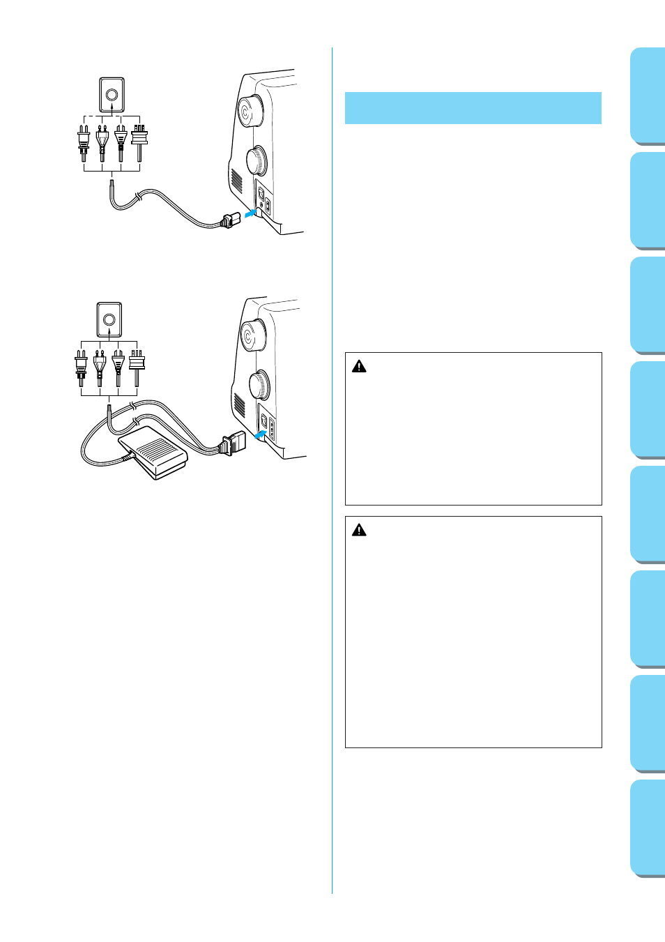 Operating your sewing machine, Connecting plugs, Warning | Caution | Brother PS-53 55 57 User Manual | Page 19 / 111