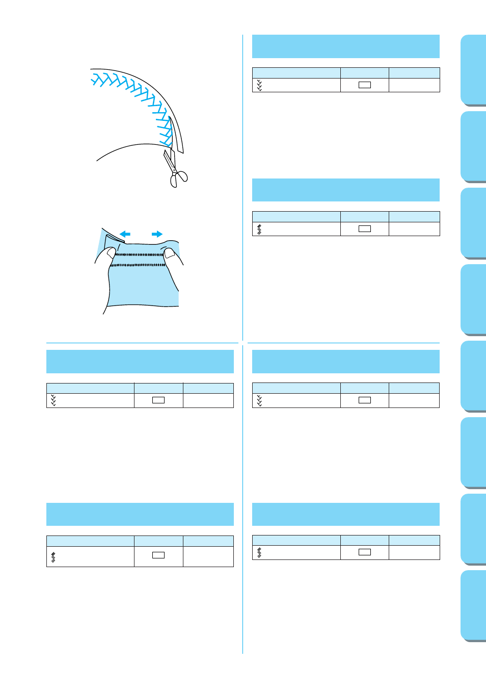 Feather stitching, Triple zigzag stretch stitching, Feather stitching triple zigzag stretch stitching | Punto piuma, Punto zigzag triplo, Puntada pluma, Triple puntada zigzag elástica | Brother PS-53 55 57 User Manual | Page 74 / 111