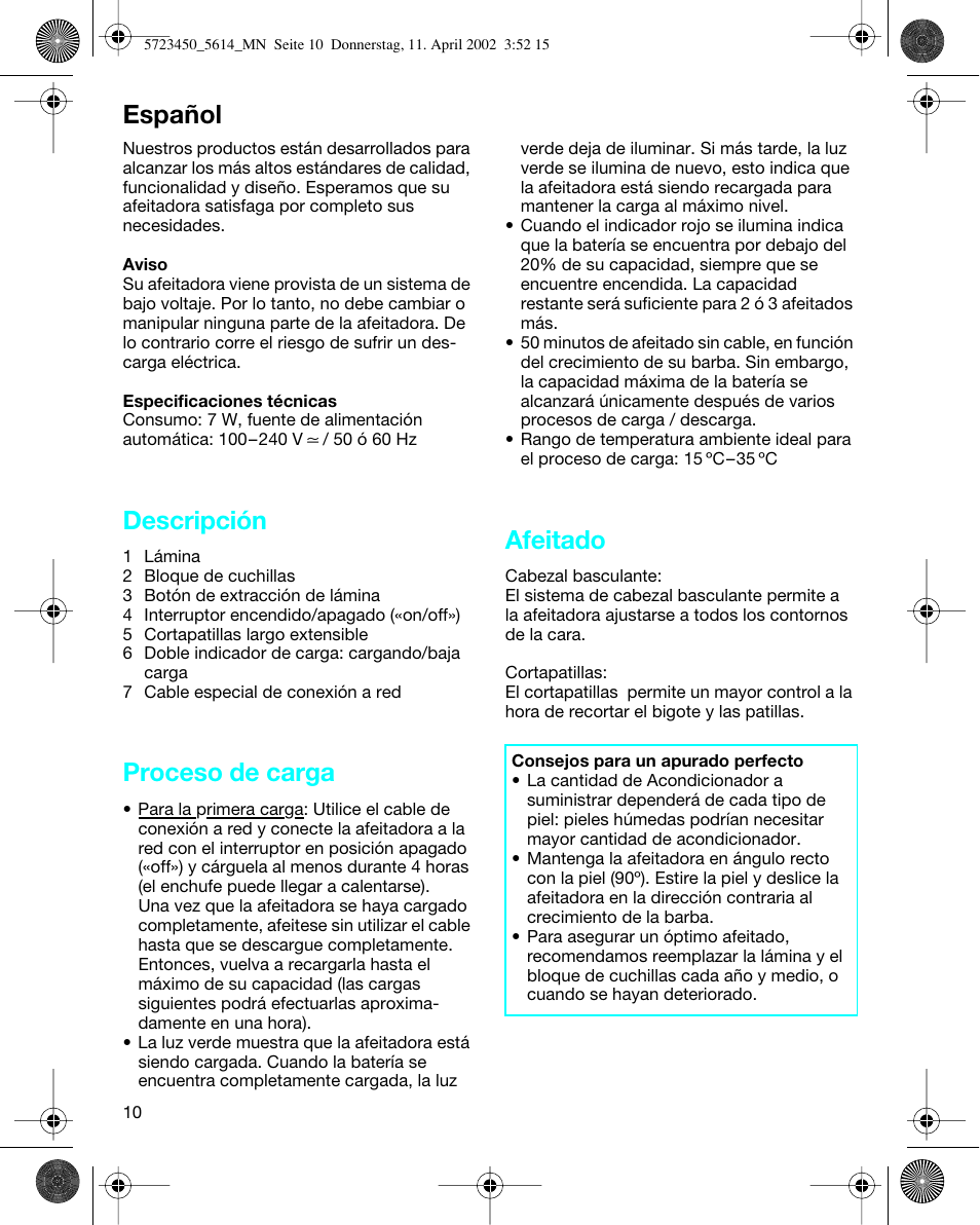 Español, Descripción, Proceso de carga | Afeitado | Braun 5614 Flex XP User Manual | Page 10 / 38