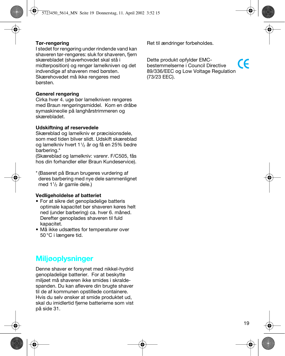 Miljøoplysninger | Braun 5614 Flex XP User Manual | Page 19 / 38