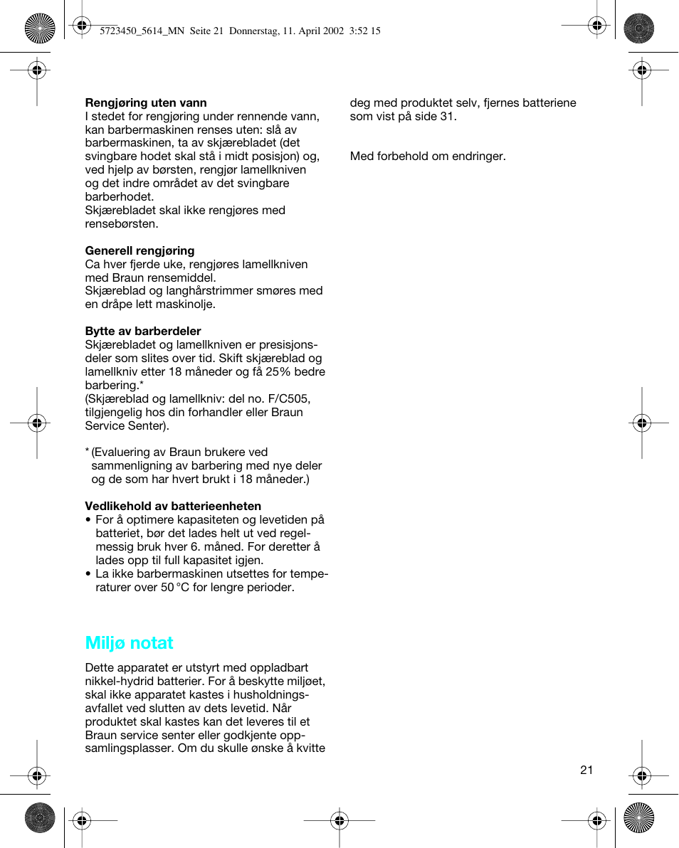Miljø notat | Braun 5614 Flex XP User Manual | Page 21 / 38
