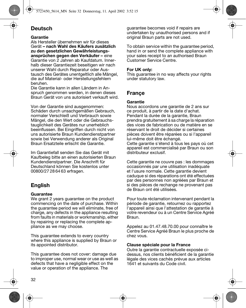 Deutsch, English, Françe | Braun 5614 Flex XP User Manual | Page 32 / 38