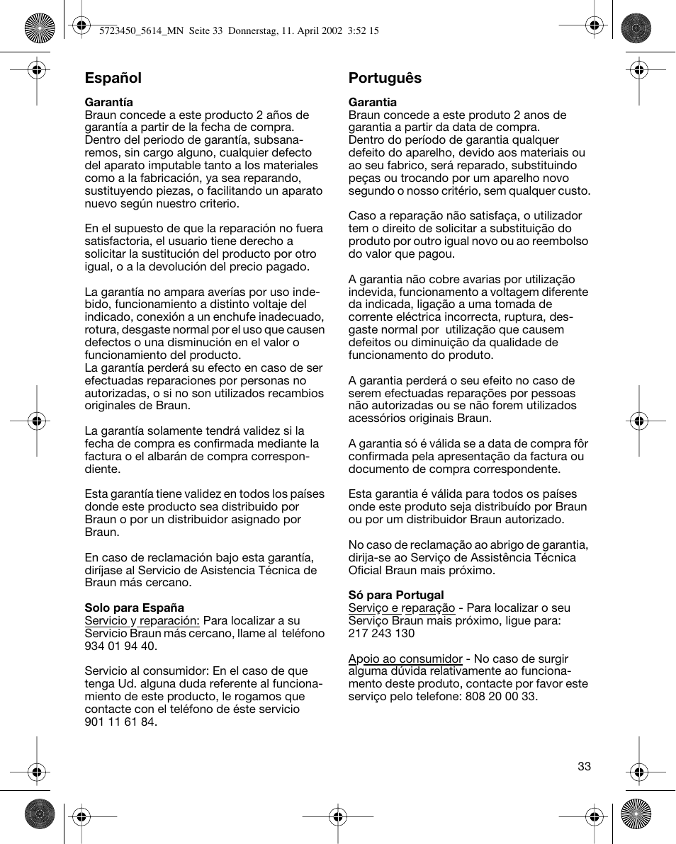 Español, Português | Braun 5614 Flex XP User Manual | Page 33 / 38