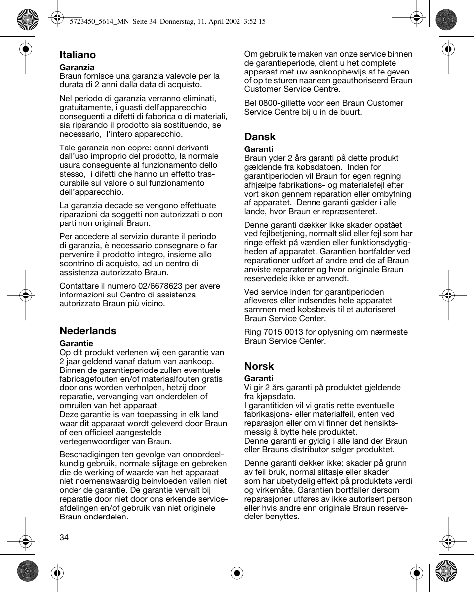 Italiano, Nederlands, Dansk | Norsk | Braun 5614 Flex XP User Manual | Page 34 / 38