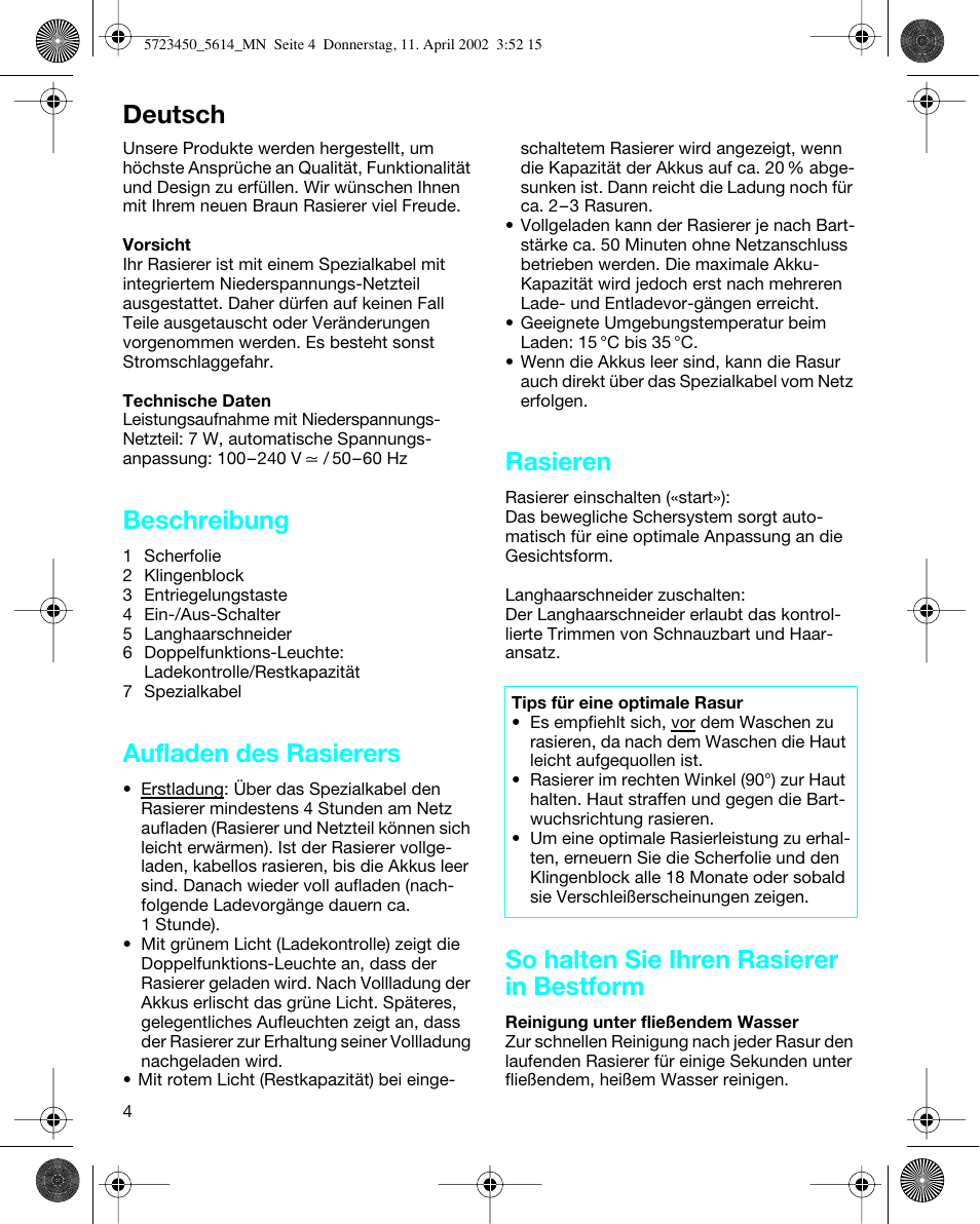 Deutsch, Beschreibung, Aufladen des rasierers | Rasieren, So halten sie ihren rasierer in bestform | Braun 5614 Flex XP User Manual | Page 4 / 38