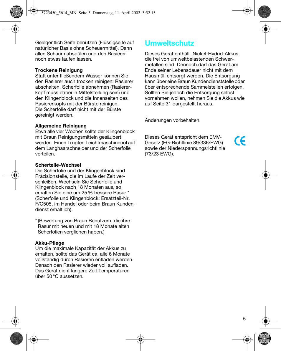 Umweltschutz | Braun 5614 Flex XP User Manual | Page 5 / 38