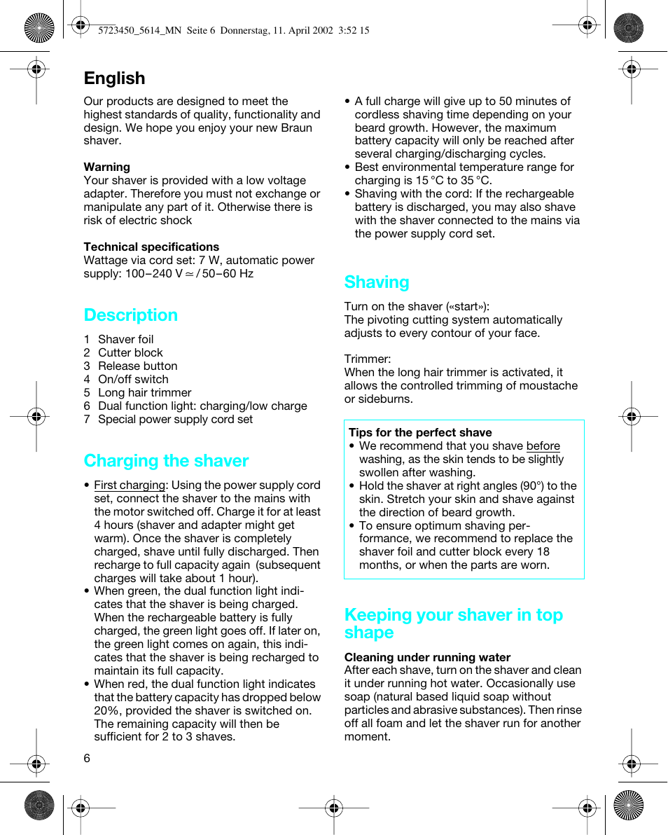 English, Description, Charging the shaver | Shaving, Keeping your shaver in top shape | Braun 5614 Flex XP User Manual | Page 6 / 38