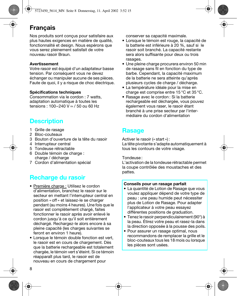 Français, Description, Recharge du rasoir | Rasage | Braun 5614 Flex XP User Manual | Page 8 / 38