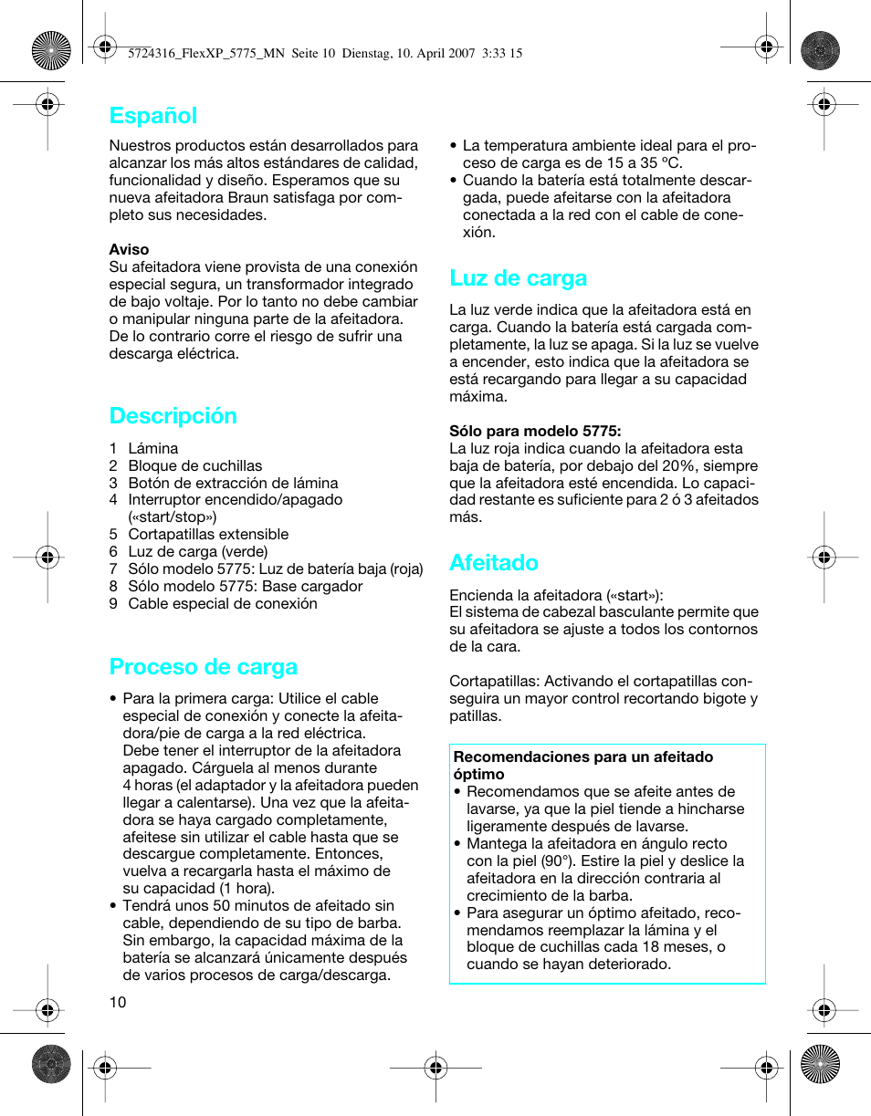 Descripción, Proceso de carga, Luz de carga | Afeitado, Español | Braun 5770 swing, Flex XP II User Manual | Page 10 / 35