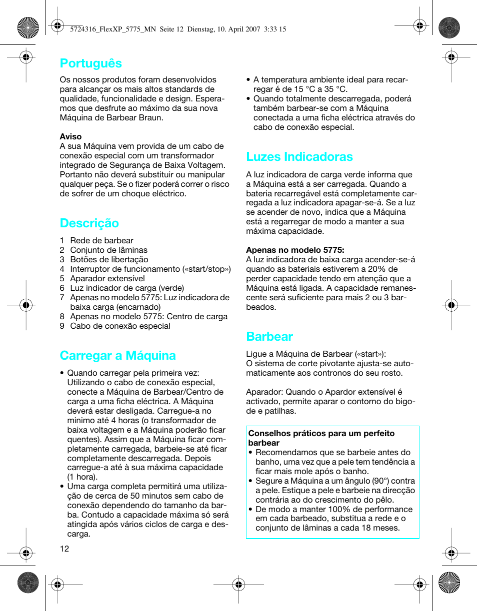 Descrição, Carregar a máquina, Luzes indicadoras | Barbear, Português | Braun 5770 swing, Flex XP II User Manual | Page 12 / 35