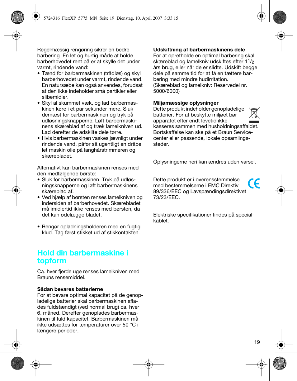 Hold din barbermaskine i topform | Braun 5770 swing, Flex XP II User Manual | Page 19 / 35