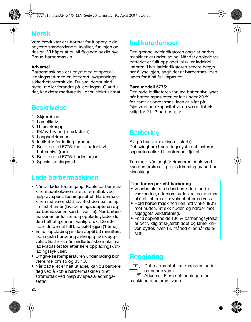 Beskrivelse, Lade barbermaskinen, Indikatorlamper | Barbering, Rengjøring, Norsk | Braun 5770 swing, Flex XP II User Manual | Page 20 / 35