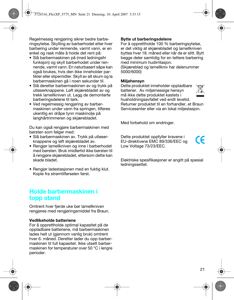 Holde barbermaskinen i topp stand | Braun 5770 swing, Flex XP II User Manual | Page 21 / 35