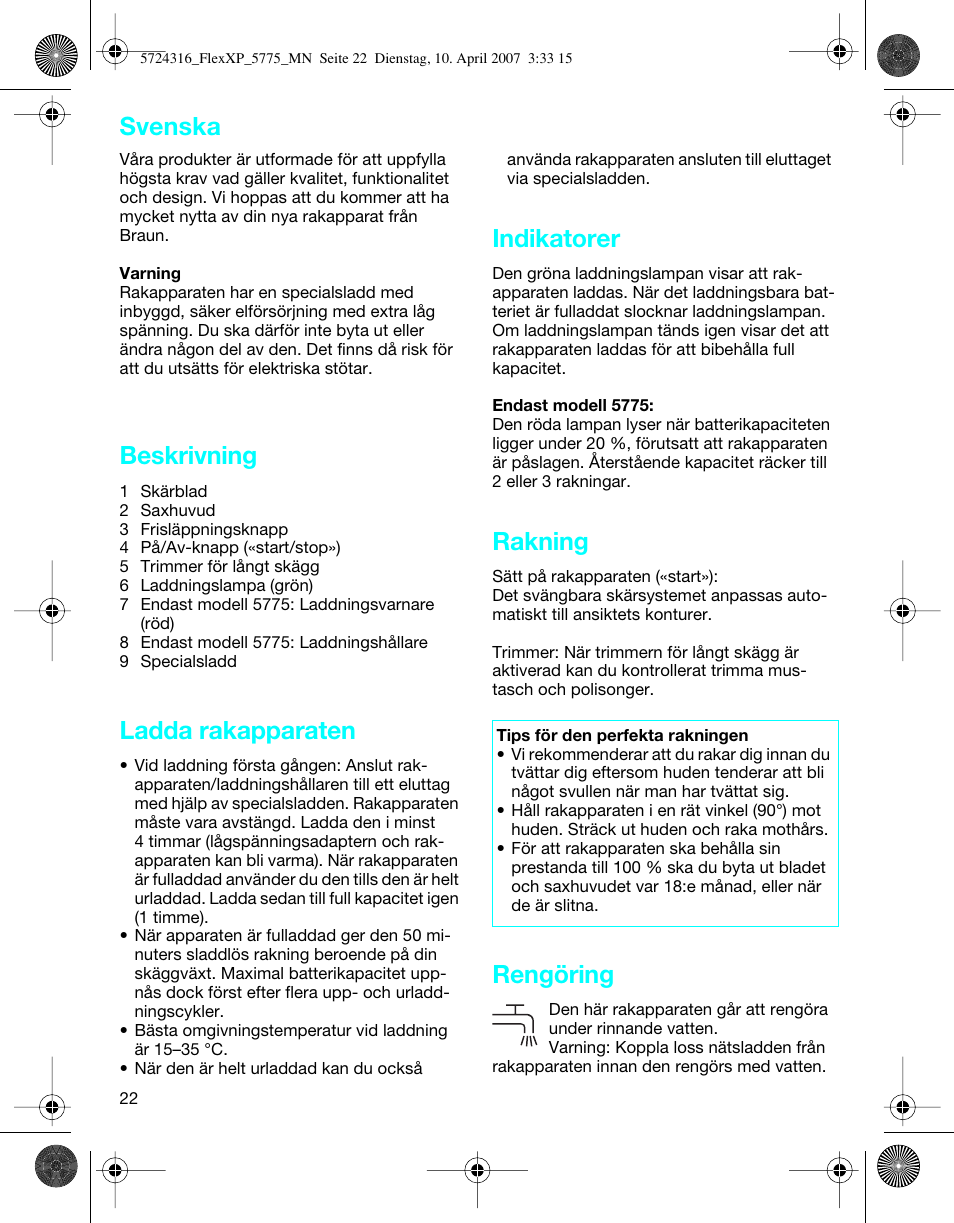 Beskrivning, Ladda rakapparaten, Indikatorer | Rakning, Rengöring, Svenska | Braun 5770 swing, Flex XP II User Manual | Page 22 / 35