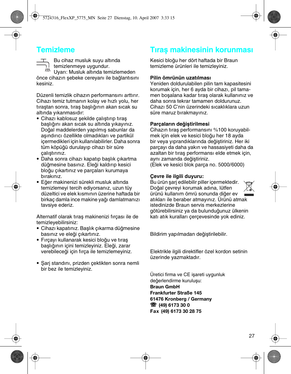Temizleme, T∂raµ makinesinin korunmas | Braun 5770 swing, Flex XP II User Manual | Page 27 / 35