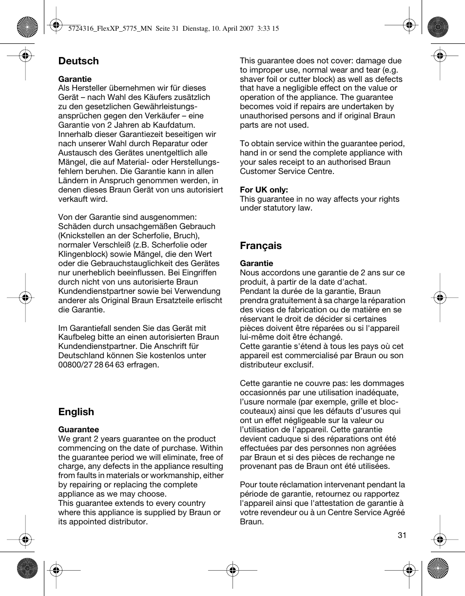 Deutsch, English, Français | Braun 5770 swing, Flex XP II User Manual | Page 31 / 35