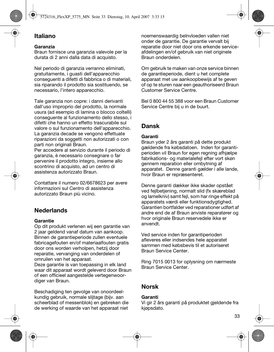 Italiano, Nederlands, Dansk | Norsk | Braun 5770 swing, Flex XP II User Manual | Page 33 / 35