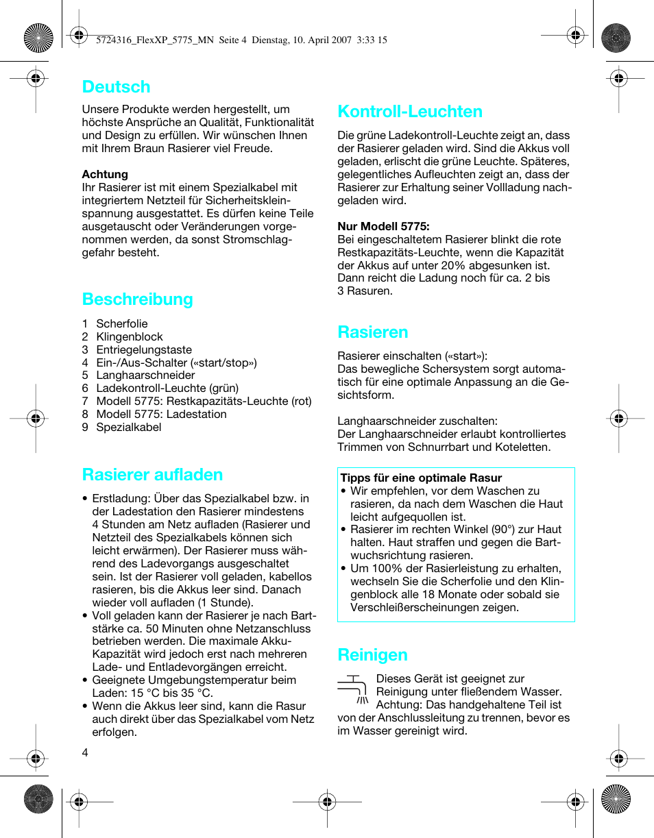 Beschreibung, Rasierer aufladen, Kontroll-leuchten | Rasieren, Reinigen, Deutsch | Braun 5770 swing, Flex XP II User Manual | Page 4 / 35
