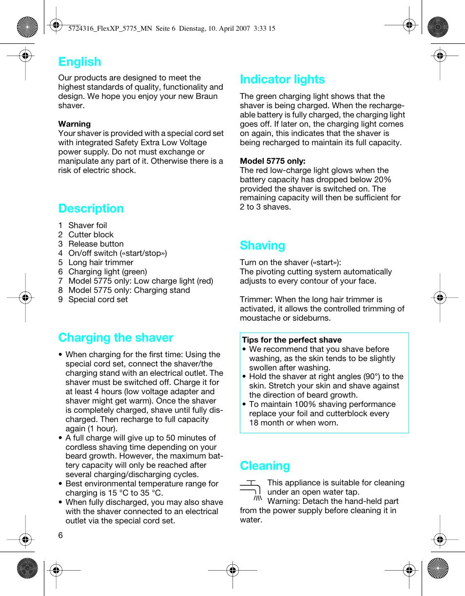 Description, Charging the shaver, Indicator lights | Shaving, Cleaning, English | Braun 5770 swing, Flex XP II User Manual | Page 6 / 35
