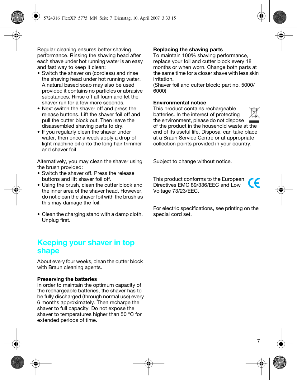 Keeping your shaver in top shape | Braun 5770 swing, Flex XP II User Manual | Page 7 / 35